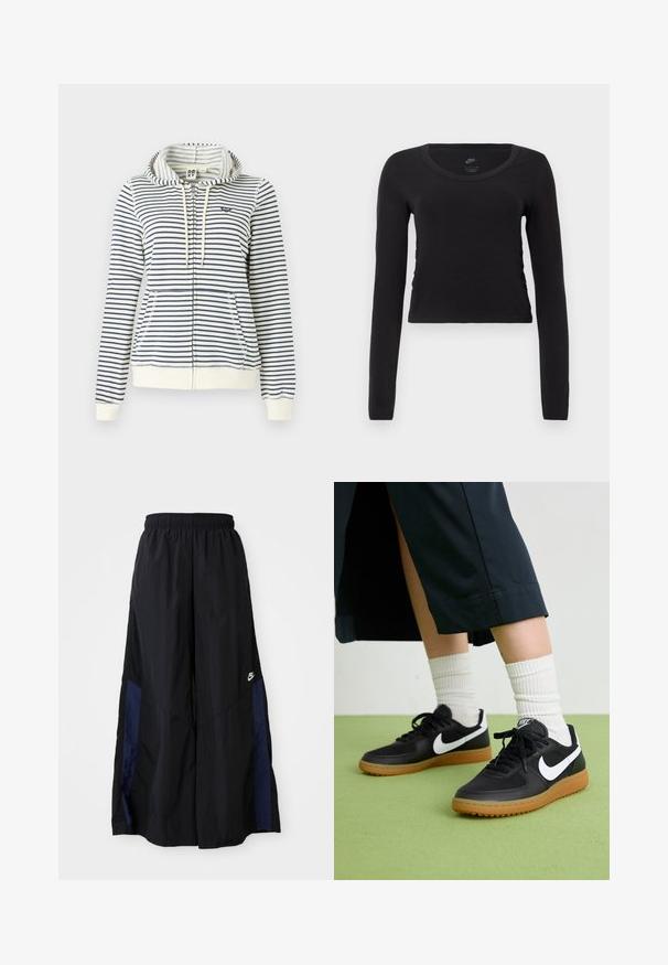 Prugasta kapuca s sweatshirtom v krem in mornarski barvi, z zadrgo, sprednjimi žepi in majhnim srcem logotipom na prsih. Iz materiala bombaž.; Dolga majica s kratkimi rokavi, skrajšana, v enotni črni barvi iz bombaža. Ima okroglo ovratnik in rahlo nabiranje na straneh za prileganje.; Črne široke hlače iz lahkega materiala, z morsko modrim stranskim panelom in elastičnim pasom. Majhna bela oznaka na dnu.; Črne usnjene in sintetične superge z belim Nike swooshom, gumo na podplatu, okroglo konico ter črnimi vezalkami. Vidne so rebraste bele nogavice.
