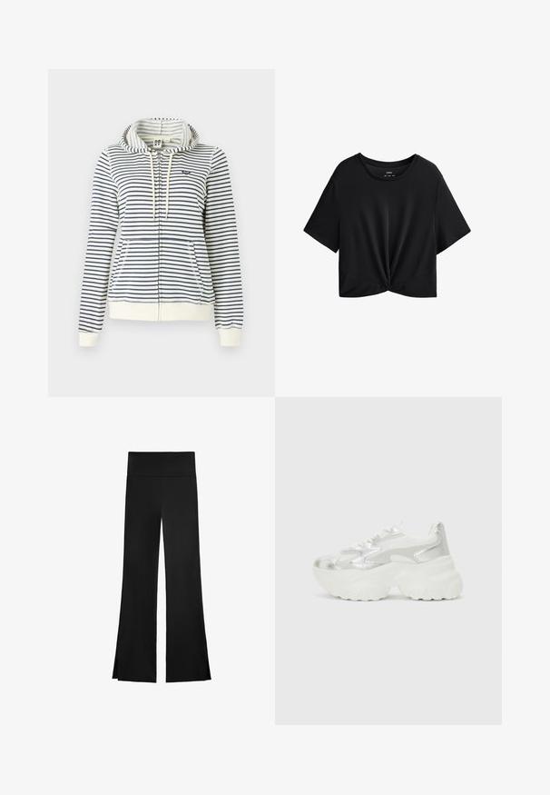 Sweatshirt à capuche rayé en crème et marine, avec une fermeture éclair, des poches avant et un petit logo en forme de cœur sur la poitrine. Matière en coton.; T-shirt noir court en tissu doux, avec un col rond, des manches courtes et un détail noué à l'ourlet.; Pantalons noirs avec un design à jambe évasée, dotés d'une taille haute et de fentes sur les côtés pour plus de liberté de mouvement. Fabriqués dans un tissu lisse et extensible.; Baskets argentées avec un dessus en maille texturée et des accents iridescents, dotées d'une semelle blanche épaisse et d'un système de laçage.