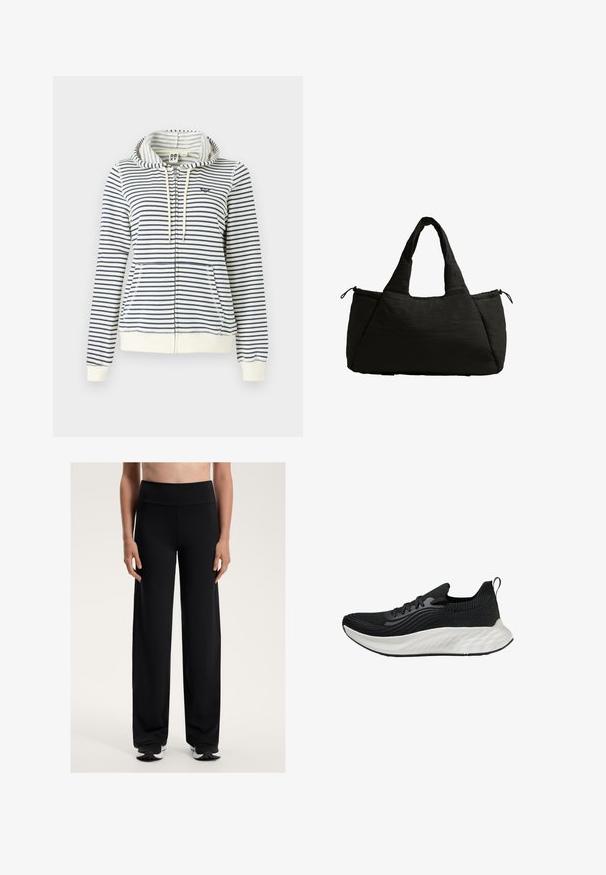 Raitapusero hupulla vaaleassa ja tummansinisessä, jossa on vetoketju, etutaskut ja pieni sydänlogo rinnassa. Materiaalina luomupuuvilla.; Musta hihaton pusero, joka on valmistettu sileästä kankaasta. Siinä on pyöreä pääntie, suora leikkaus ja sivupaneelit, joissa on huomaamaton tekstuuri.; Mustat leveät urheiluhousut, joissa on korkea vyötärö. Valmistettu sileästä, joustavasta kankaasta, jossa on rento istuvuus ja hienovarainen rakenne.; Musta urheilukenkä, jossa on teksturoitu yläosa, valkoinen pehmeä pohja ja hienovarainen brändäys. Varustettu vetonauhalla ja nauhakiinnityksellä.; Musta kangaskassi, jossa on paksu tekstuuri, kaksi lyhyttä kahvaa ja sivutasku, joka on suljettu nyörillä. Yksinkertainen, kulmikas muotoilu.