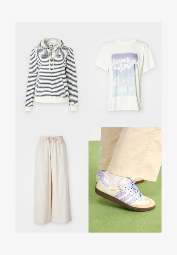 Csíkos kapucnis pulóver krém és tengerészkék színben, cipzárral, elülső zsebekkel és egy kis szívlogóval a mellrészen. Pamut anyag.; Fehér pamut póló, rajta tengeri csigák és egy szörfös grafikájával. A dizájn lágy színeket tartalmaz retró felirattal és tengerparti jelenettel.; Széles lábú, krémszínű nadrág, rugalmas derékkal és zsinórral. Simlék, könnyű vászon anyag, látható minták vagy fém részek nélkül.; Krém és levendula színű sportcipők három csíkkal és texturált barna talppal, fűzőkkel és párnázott sarokkal. Puha anyagú felsőrész.