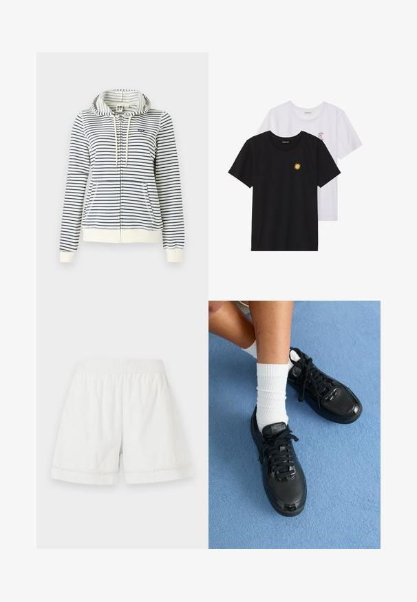 Sweatshirt à capuche rayé en crème et marine, avec une fermeture éclair, des poches avant et un petit logo en forme de cœur sur la poitrine. Matière en coton.; T-shirts noir et blanc, col rond, manches courtes. Le t-shirt noir présente une broderie de soleil jaune ; le t-shirt blanc a un accent de croissant de lune violet.; Shorts en lin blanc avec une taille élastique, coupe décontractée et bord en dentelle décoratif à l'ourlet. Texture lisse et design décontracté.; Des baskets Nike noires présentent une tige texturée, des accents brillants et des lacets ronds. Elles sont associées à des chaussettes blanches côtelées sur une surface bleu clair.
