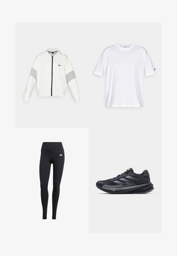Mizuno ATHLETICS JACKET - Sweat zippé - pristine; T-shirt en coton blanc avec un col rond, des manches courtes et un petit logo sur la poitrine gauche. Présente une coupe décontractée et une couleur unie.; Leggings noirs en matériau extensible, avec une taille haute et un petit logo blanc, d'une finition lisse et mate.; Chaussure de sport noire avec une tige en mesh texturé, des accents réfléchissants, une semelle rembourrée et un design épuré. Présente le logo à trois bandes.