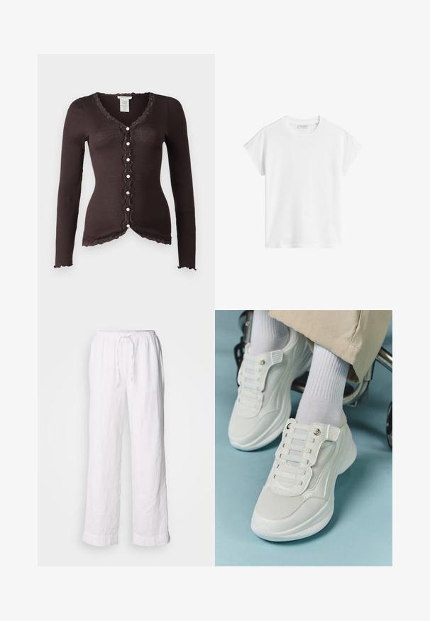 Rosemunde BABETTE CARDIGAN - Cardigan - dark espresso; T-shirt bianco a maniche corte in cotone. Presenta una vestibilità morbida con scollatura rotonda e spalle leggermente cadenti. Senza fantasie o dettagli.; Pantaloni bianchi in lino con vestibilità rilassata, vita elastica e coulisse. Caratterizzati da gambe dritte e orli risvoltati per un look casual.; Sneaker bianchi realizzati in materiale a rete, suola in gomma, design senza lacci con bande elastiche e dettagli in tonalità oro.