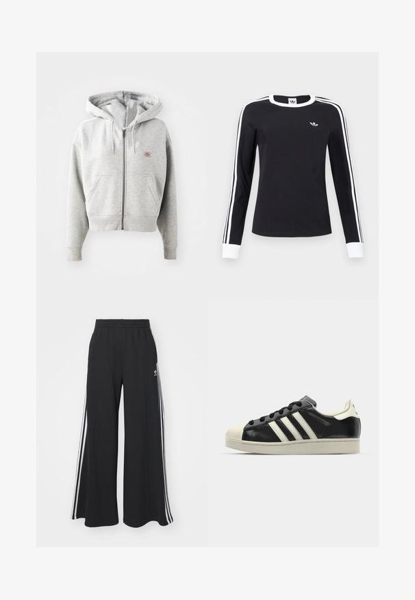 Siv žametni nahrbtnik z sprednjim žepom, nastavljivo kapuco z vrvico, rebrastimi manšetami in majhnim logotipom na prsih. Material iz mešanice bombaža.; Črna majica z dolgimi rokavi z belim ovratnikom in manšetami, belimi črtami ob rokavih ter majhnim belim logotipom Adidas na levem prsnem delu.; Črne široke trenirke z elastičnim pasom, ki imajo bele stranske proge in vezeno logo na levi stegna.; Črne usnjene superge z belimi črtami, gumijastim pokrovom za prste, črnimi vezalkami in kremasto obrobo podplata. Gladka tekstura z sijočim zaključkom.