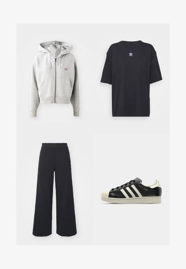 Šedá mikina s kapucí na zip, přední kapsou, nastavitelnou šňůrkou v kapuci, ribovanými manžetami a malým logem na hrudi. Materiál z bavlněné směsi.; Černé bavlněné tričko s krátkými rukávy a kulatým výstřihem, na hrudi má bílé logo Adidas. Jednoduchý design, uvolněný střih.; Černé široké tepláky vyrobené z měkké tkaniny, s elastickým pasem a malým logem na levé straně.; Černé kožené sneakers s bílými pruhy, gumovou špičkou, černými tkaničkami a krémovou podešví. Hladký povrch s lesklým finišem.