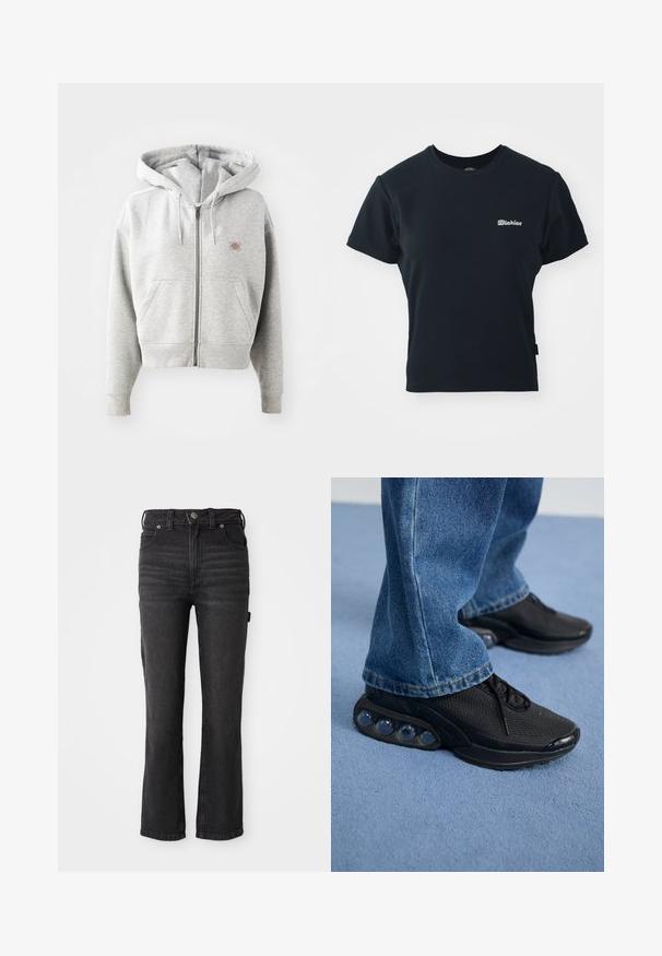 Szürke, cipzáras kapucnis pulóver elülső zsebbel, állítható húzózsinórral a kapucnin, bordás mandzsettákkal és egy kis logóval a mellkason. Pamut keverék anyag.; Fekete pamut póló rövid ujjakkal, kerek nyakkivágással és kis fehér hímzett logóval a mellkason. Klasszikus, testhezálló kialakítás.; Fekete farmer egyenes szárú nadrág magas derékkal, öt zsebbel és gombos záródással. Simább textúra, enyhe rugalmassággal.; Fekete sportcipők hálós felsőrésszel, textúrázott részletekkel és a talpban látható lég párnázó zsebekkel. Kék farmernadrággal viselve.