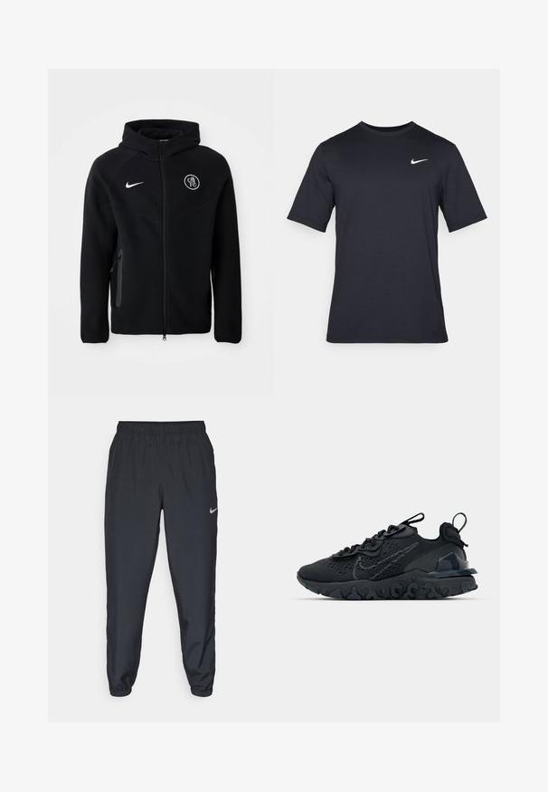 Sort lynlås hættetrøje lavet af blødt stof, med et hvidt Nike-logo på brystet og et klubemblem. Inkluderer sidelommer og hætte.; Sort kortærmet Nike t-shirt lavet af glat stof, med et hvidt swoosh-logo på øverste venstre side, rund halsudskæring.; Sorte træningsbukser lavet af letvægtsstof med elastisk talje, ankelsyninger og et diskret Nike-logo på venstre side.; Sort atletisk sko med en åndbar mesh-overdel, teksturerede detaljer og en bølget gummisål. Har reflekterende logo og snørresystem.