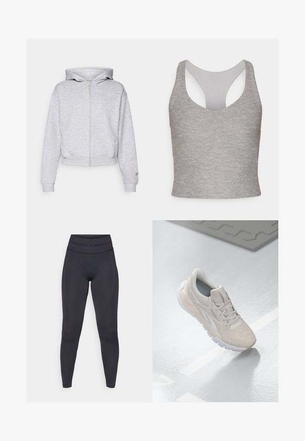 Fabletics COZY FULL ZIP HOODIE - Camisola com fecho - classic grey heather; Top curto cinza sem mangas com um decote redondo largo e costas recortadas. Feito de um tecido suave e elástico com uma textura lisa.; Leggings pretos com uma cintura elástica alta apresentando o texto "UNDER ARMOUR". Textura suave com detalhes de padrão discreto ao longo das pernas.; Shoe desportivo beige claro com parte superior perfurada, detalhes texturizados, colarinho acolchoado e sola de borracha branca, projetado para conforto e respirabilidade.