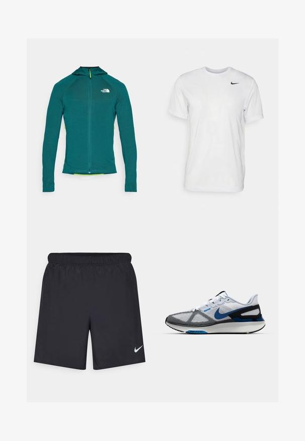 Kapucnis, hosszú ujjú dzseki teal színben, negyedhosszúságú cipzárral, struktúrált anyagból készült, kontrasztos sárga cipzárhúzóval.; Fehér, rövid ujjú póló, sima anyagból készült. Kerek nyakkivágással és egy kis fekete Nike logóval rendelkezik a bal mellen.; Fekete sportnadrág könnyű anyagból, rugalmas derékkal. A bal alsó oldalon egy kis fehér Nike-logó található.; Nike sportcipő, fehér és szürke hálós felsőrészével, kék és fekete részletekkel, párnázott talppal és látható Nike logóval.