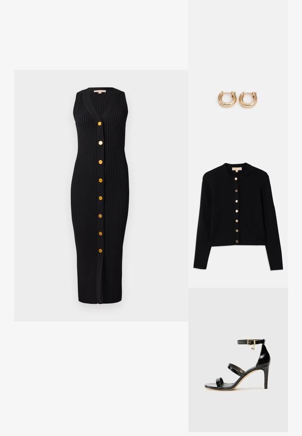 Fekete kardigán, puha anyagból készült, kerek nyakkivágással, hosszú ujjakkal, és hat arany színű gombbal az elején.; Fekete bordázott kötött ruha V-nyakkal, ujjatlan kialakítással és arany színű gombokkal az elején, testhezálló sziluettel.; Fekete lakk bőr szandál három pánttal, bokapánttal és 10 cm magasságú tűsarokkal. Arany színű részletekkel és logó charm-mal rendelkezik.; Fekete bőr keresztbody táska arany lánc díszítéssel, cipzáras záródással és levehető szövetpánttal. Michael Kors logó az elülső részen.; Arany fülbevalók polírozott felülettel, vastag, kör alakú kialakítással és biztos zárómechanizmussal. Simább textúra és fényes megjelenés.