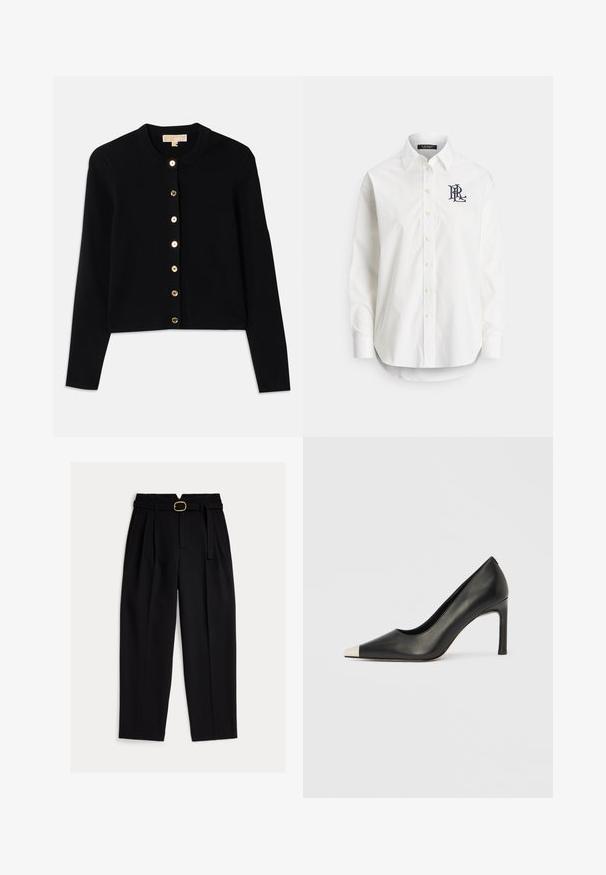 Schwarze Strickjacke aus weichem Stoff, mit rundem Ausschnitt, langen Ärmeln und sechs golden glänzenden Knöpfen auf der Vorderseite.; Weiße Baumwoll-Bluse mit langen Ärmeln, spitzem Kragen und einem navyfarbenen Logo, das auf der linken Brust eingestickt ist. Abgerundeter Saum am unteren Rand.; Schwarze, hoch taillierte Hose mit einem Gürtel in der Taille, einer plissierten Vorderseite und weitem Bein. Hergestellt aus glattem Stoff mit klassischem Schnitt.; Schwarzer Lederschuh mit hohem Absatz, spitz zulaufender Zehenpartie und metallischer silberner Spitze. Verfügt über eine glatte Oberfläche und einen schlanken 10 cm hohen Absatz.
