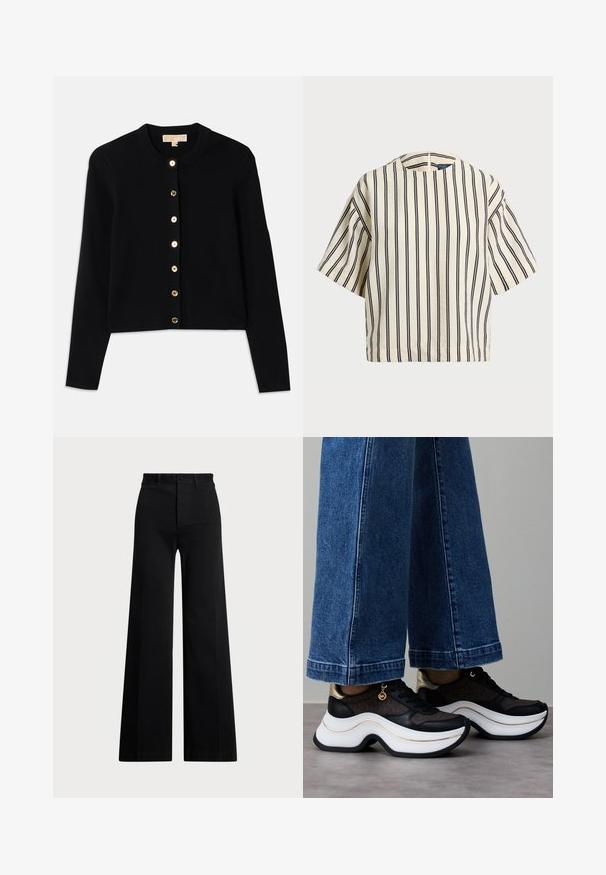 Črni cardigan iz mehkega blaga, z okroglo ovratnico, dolgimi rokavi in šestimi zlatimi gumbi spredaj.; Kratek rokav, prugast top v kremni in mornarsko modri barvi, z okroglim izrezom in kvadratnim dizajnom ter teksturirano tkanino.; Črne široke hlače iz tkanine, ki imajo visoko pasnico, sprednje zapiranje na gumb in stranske žepke. Gladek videz z jasnimi linijami.; Črni in zlati supergi z ukrivljeno belo podplatom. Teksturirana tkanina z logotipskimi poudarki. Kombinirani s širokimi modrimi kavbojkami.