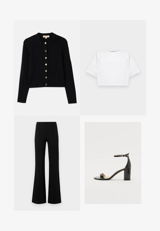 Črni cardigan iz mehkega blaga, z okroglo ovratnico, dolgimi rokavi in šestimi zlatimi gumbi spredaj.; Kratka bela majica iz mehkega materiala, s kratkimi rokavi, okroglega izreza in rebrastimi robovi. Preprost in neokrašen dizajn.; Črne krilate hlače z visokim pasom, izdelane iz raztegljive tkanine. Imajo vertikalne šive na sprednji strani in gladko teksturo.; Črne patentirane sandale s široko peto, odprtim prstom in trakovi okoli gležnja, ki imajo zlat zajemalec. Gladka tekstura in eleganten dizajn.