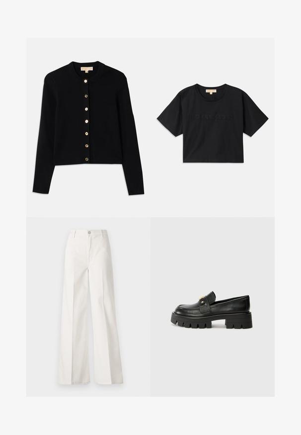 Svart cardigan gjord av mjukt tyg, med rund halsringning, långa ärmar och sex knappar i guldton längs fram.; Svart kortärmad t-shirt av bomull. Har rund halsringning och korta ärmar. "MICHAEL KORS" broderad i matchande färg framtill.; Vita vida-byxor gjorda av bomull med en slät textur. Har en framknapp, gylf med dragkedja och fyra fickor.; Svarta läderloafers med en kraftig sula, som har en guldtonad detalj på framsidan och en slät yta. Kraftig mönstring på sulan.