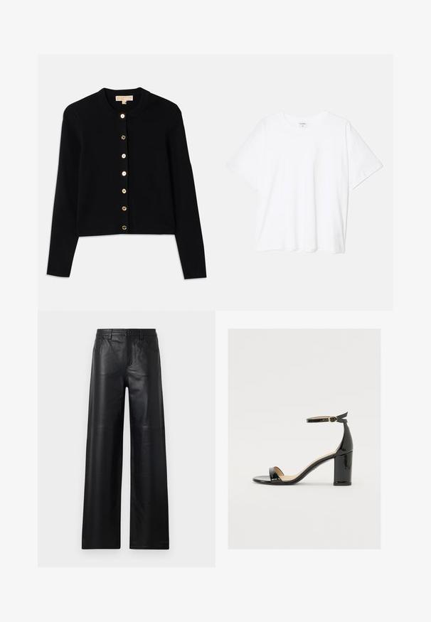 Črni cardigan iz mehkega blaga, z okroglo ovratnico, dolgimi rokavi in šestimi zlatimi gumbi spredaj.; Bela bombažna majica s kratkimi rokavi, okroglim izrezom, sproščenim krojem in šivanim robom. Oznaka vidna na notranji strani izreza.; Široke črne usnjene hlače gladke teksture, s sprednjimi žepi, gumbom za zapiranje in subtilnimi detajli šivanja.; Črne patentirane sandale s široko peto, odprtim prstom in trakovi okoli gležnja, ki imajo zlat zajemalec. Gladka tekstura in eleganten dizajn.