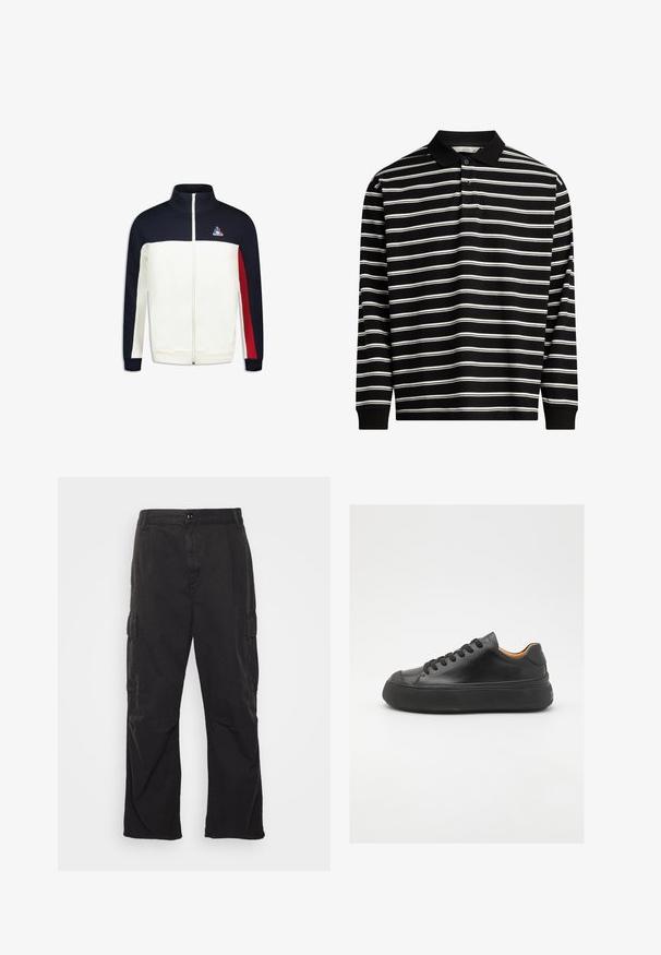 Chaqueta con cremallera con un cuerpo blanco, mangas marinas y acentos rojos. Presenta un cuello alto y un logo en el pecho. Fabricada con un tejido suave.; Camisa polo de manga larga confeccionada con tejido negro y rayas horizontales blancas, con cuello y tapeta de tres botones.; Pantalones cargo negros con un diseño de pierna recta, que cuentan con dos bolsillos laterales, un cierre de botón y una tela texturada.; Zapatilla de cuero negra con puntera redonda, cordones en la parte frontal, textura suave, suela de goma gruesa y un interior marrón claro que contrasta.