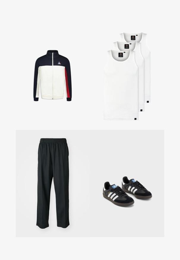 Giacca con zip, corpo bianco, maniche blu navy e dettagli rossi. Presenta un colletto alto e un logo sul petto. Realizzata in morbido tessuto.; Tre canotte bianche a coste in cotone. Presentano un colletto rotondo e piccole etichette nere vicino all'orlo. Disponibile in diverse taglie.; Pantaloni sportivi neri con vita elastica, realizzati in tessuto liscio, con cuciture laterali sottili e un fit rilassato, design a gamba dritta.; Sneakers neri con tomaia in suede e materiale sintetico, caratterizzati da tre strisce bianche, suola in gomma testurizzata e etichetta blu sul linguetta.