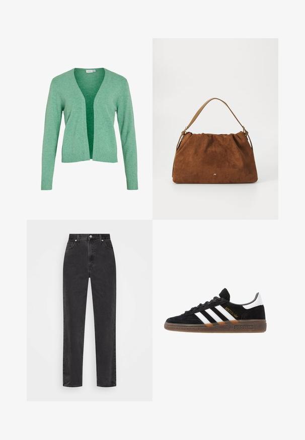Zielony kardigan z długim rękawem, dekoltem w serek, otwartym przodem oraz ribbowymi mankietami i dołem. Wykonany z miękkiej, teksturowanej dzianiny.; Brązowa koszulka z długim rękawem z wzorem w panterkę, okrągły dekolt i lekki stretch. Mała naszywka z logo z przodu.; Czarne dżinsy o prostych nogawkach z wysokim stanem, z przodem zapinanym na guzik i zamek, oraz pięcioma kieszeniami na białym tle.; Czarny sneaker Adidas z białymi paskami, złotym napisem "Spezial", gumową podeszwą i białym elementem przy pięcie, przedstawiony w widoku z profilu.; Brązowa torebka z zamszu o marszczonym wzorze, z pojedynczym paskiem w kolorze tan i subtelnym złotym logo z przodu.