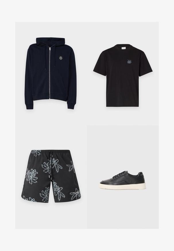 Felpa con zip di colore blu navy, realizzata in tessuto morbido, con una tasca frontale, cappuccio con coulisse e un logo ricamato sulla parte superiore sinistra del petto.; T-shirt in cotone nero con collo rotondo e maniche corte. Presenta un piccolo logo blu sul lato sinistro del petto. Design semplice e dritto.; Costumi da bagno neri con un motivo floreale lucido in grigio chiaro. Vita elastica con cordino e dettaglio del logo sul lato destro in basso.; Sneaker in pelle nera con finitura texturizzata, punta rotonda e suola piatta in gomma bianca. Presenta lacci neri e un logo sul tallone.