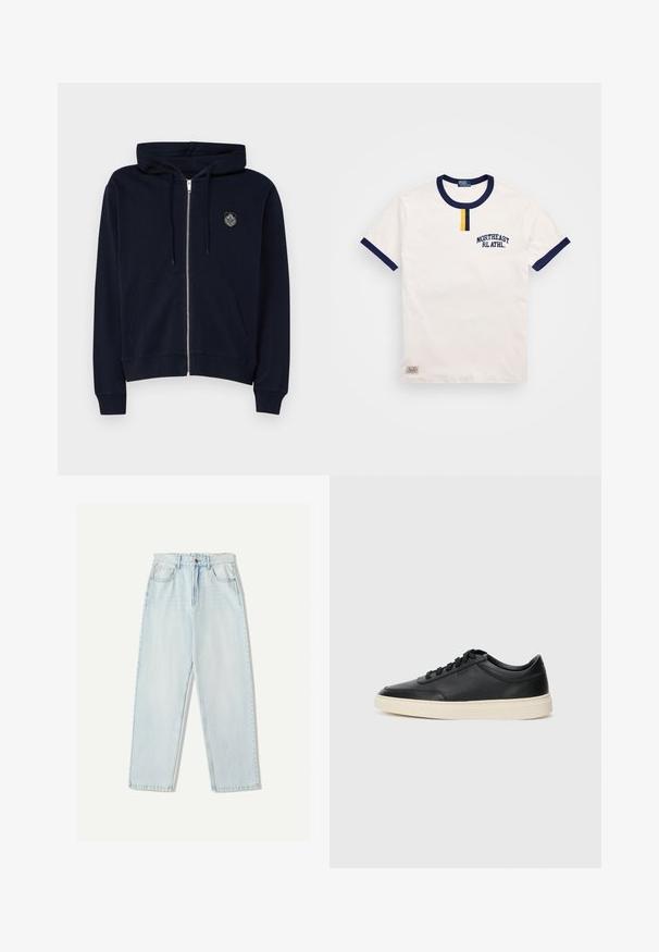 Marinblå zip-up hoodie i mjukt tyg, med en frampocket, dragsko vid huvan och en broderad logotyp på övre vänstra bröstet.; Vit bomullströja med marinblå rund halsringning och ärmdekorationer. Har en liten gul knappdetalj och broderad "NORTHEAST RL ATHL."; Ljust blå denimjeans med avslappnad passform, raka ben, femfickorsdesign och subtila blekningar på tyget.; Svart låg skor i läder med svarta snören och off-white sula, visas i sidoprofil på vit bakgrund.