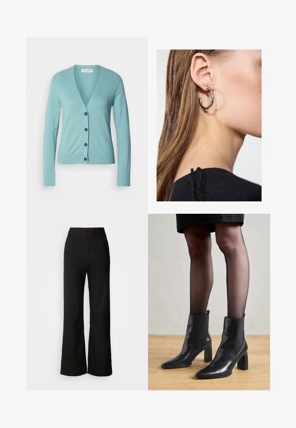 Gaiši zila džemperis no mīksta auduma, ar V veida kakla izgriezumu, garām piedurknēm un sešiem melniem pogas gar priekšpusi. Gluda tekstūra.; Melnā top forma bez piedurknēm, kas izgatavota no mīksta, elastīga auduma. Iezīmes apaļa kakla izgriezuma un platām plecu lencēm, ar pieguļošu siluetu un gludu tekstūru.; Melni platlegu bikses ar gludu tekstūru, augsto vidukli un tīru dizainu. Nav redzamu kabatu vai rotājumu.; Melni ādas potīšu zābaki ar izdilušu purngala formu, masīvu kvadrātveida papēdi un elegantu dizainu. Iekļautas elastīgas sānu paneļi, kas nodrošina ērtu uzvilkšanu.; Sudraba auskars ar pulētu apdari, ar maziem zelta akcentiem un apaļu formu, uz ausu ļipiņas.