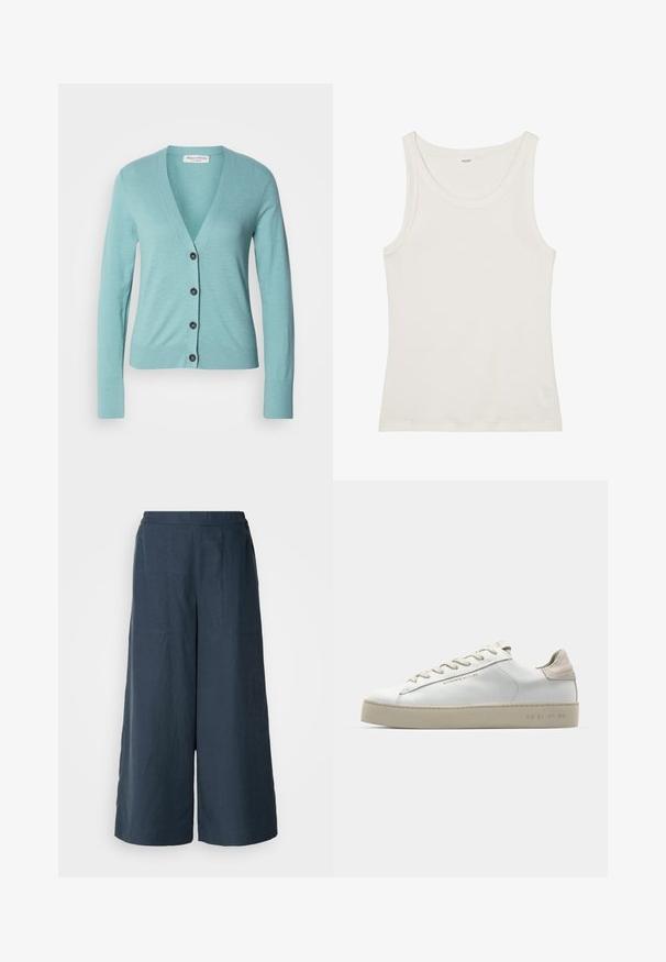 Light blue cardigan made of soft fabric, featuring a v-neckline, long sleeves, and six black buttons down the front. Smooth texture.; White cotton tank top with a wide neckline and thin shoulder straps. Smooth texture with no visible patterns or embellishments.; Wide-leg trousers in navy blue, made from lightweight fabric. Features a slightly textured surface, elastic waistband, and front seams.; White leather sneaker with a smooth finish, beige suede accents, round toe, flat lace-up design, and a textured rubber sole.