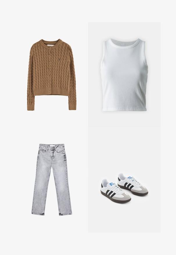 Brązowy kardigan z dzianiny warkoczowej, z okrągłym dekoltem, pięcioma guzikami z przodu i małym logo na lewej piersi. Miękka faktura i dopasowany fason.; Biała, prążkowana koszulka na ramiączkach z okrągłym dekoltem i bez rękawów, z prostym dołem i gładką, elastyczną teksturą.; Szare dżinsy o prostym kroju nogawki, z przetarciami, pięcioma kieszeniami i miedzianymi nitami. Pasek w talii posiada metkę z logo.; Buty sportowe z białą skórzaną cholewką, szarym zamszowym noskiem i trzema czarnymi paskami. Posiadają niebieskie logo na języku oraz teksturowaną gumową podeszwę.