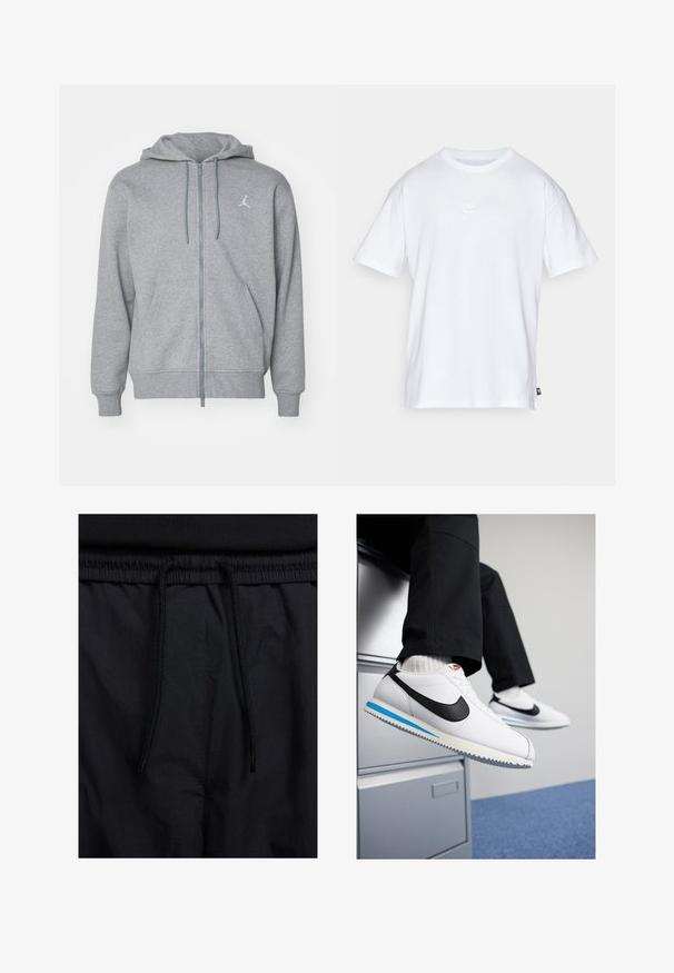 Šedá zipová mikina vyrobená z měkké tkaniny, s přední kapsou, šňůrkami a malým bílým logem v oblasti levého hrudníku.; Bílý bavlněný tričko s krátkým rukávem a kulatým výstřihem. Na hrudi má malé, nenápadné logo Nike a boží štítek.; Černé šortky s páskem na šňůrku, lehký materiál s hladkou texturou a jednoduchý design bez viditelných log nebo vzorů.; Bílé kožené tenisky s černým logem Nike, světle modrou a šedou gumovou podrážkou a klasickým šněrovacím designem. Nohy odpočívají na skříni.