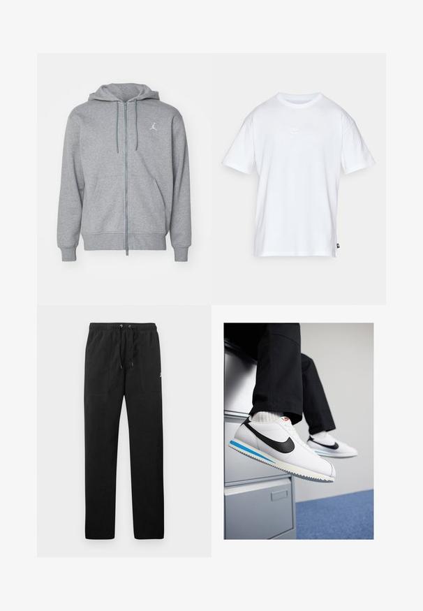 Szürke, cipzáros kapucnis pulóver, puha anyagból, elülső zsebbel, húzózsinórral és egy kis fehér logóval a bal mellen.; Fehér pamut póló, rövid ujjakkal és kerek nyakkivágással. Jellemzője egy kis, diszkrét Nike logó a mellkason és egy oldalsó címke.; Fekete, bolyhos anyagú melegítők, elasztikus derékkal és húzózsinórral, két elülső zsebbel és egy kisméretű logóval a combján.; Fehér bőr sportcipő fekete Nike logóval, világoskék és szürke gumitalppal, valamint klasszikus fűzős kialakítással. A lábak egy iratmegőrző szekrényen pihennek.