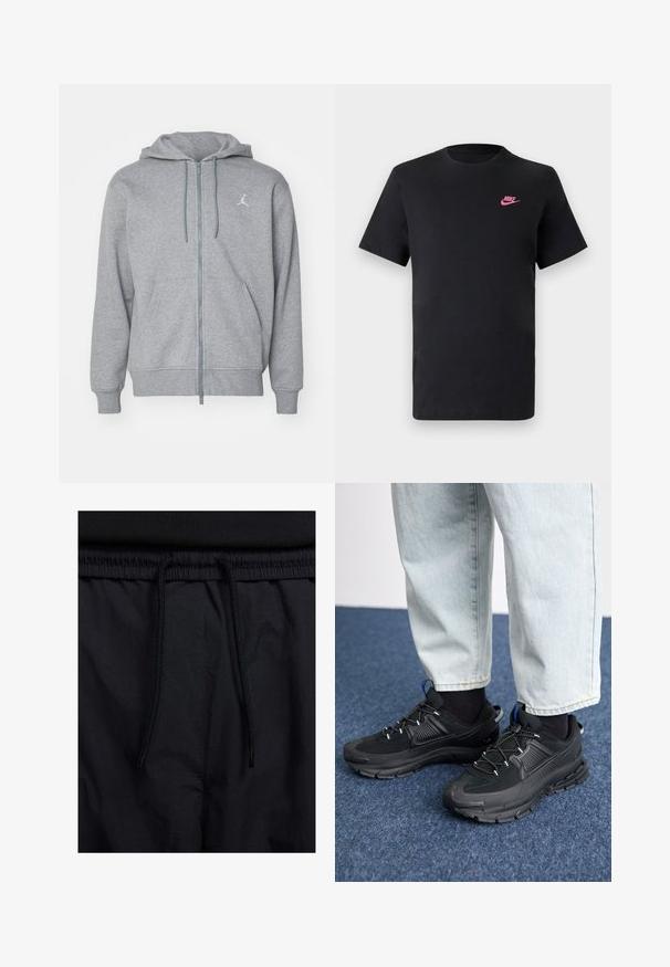 Haut à zip gris fabriqué dans un tissu doux, avec une poche avant, des cordons de serrage et un petit logo blanc sur la zone gauche de la poitrine.; T-shirt en coton noir avec un col rond et des manches courtes. Présente un logo Nike rose sur le côté supérieur gauche. Texture douce.; Shorts noirs avec un élastique à cordon de serrage, en tissu léger avec une texture lisse, et un design simple sans logos ni motifs visibles.; Des chaussures de sport noires avec un tissu texturé et des semelles en caoutchouc, dotées de lacets élastiques et d'un accent bleu au talon. Portées avec un pantalon en denim clair.