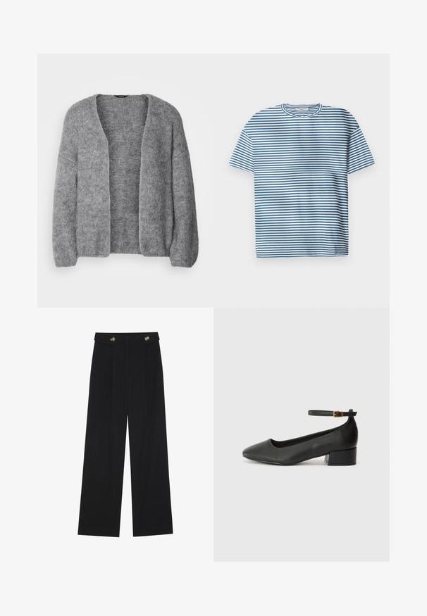 Lindex CARDIGAN VANESSA - Cardigan - grey; Tricou cu dungi în albastru deschis și alb, cu mâneci scurte și decolteu rotund. Fabricat dintr-un material neted și respirabil.; Pantaloni negri cu picioare largi, talie înaltă, detalii cu butoane pe talie și pliseuri în față.; Pantof cu toc negru din piele, cu vârf ascuțit și toc mic pătrat. Dispune de o curea la gleznă cu o cataramă în tonuri de aur. Textură netedă.