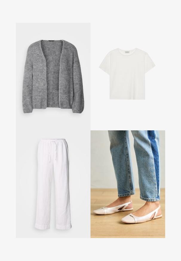 Lindex CARDIGAN VANESSA - Vest - grey; Witte T-shirt met korte mouwen, gemaakt van zachte katoen. Heeft een ronde halslijn en een relaxte pasvorm. Schoon ontwerp zonder zichtbare patronen of accenten.; Witte linnen broeken met een losse pasvorm, elastische tailleband en trekkoord. Heeft rechte pijpen en opgerolde zoom voor een casual uitstraling.; Zachtroze slingback ballerina's met een spitse neus, gemaakt van een glad leerachtig materiaal. Bevat uitsnijdingen aan de zijkanten en heeft een platte hak.