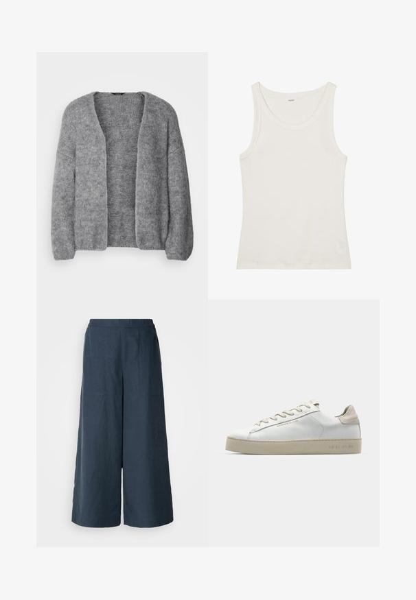 Lindex VANESSA - Cardigan - grey; White cotton tank top with a wide neckline and thin shoulder straps. Smooth texture with no visible patterns or embellishments.; Wide-leg trousers in navy blue, made from lightweight fabric. Features a slightly textured surface, elastic waistband, and front seams.; White leather sneaker with a smooth finish, beige suede accents, round toe, flat lace-up design, and a textured rubber sole.