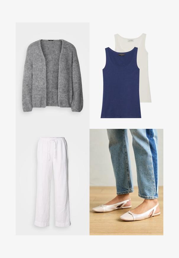 Lindex CARDIGAN VANESSA - Chaqueta de punto - grey; Dos camisetas sin mangas: una de color azul marino y otra de color blanco roto. Ambas tienen un escote redondeado, una textura suave y un diseño sencillo. Etiqueta de la marca visible en la parte superior.; Pantalones de lino blancos con un corte relajado, cinturilla elástica y cordón. Presentan piernas rectas y dobladillos enrollados para un look casual.; Bailarinas de color rosa pálido con tiras traseras y punta puntiaguda, fabricadas con un material similar al cuero suave. Presentan detalles recortados en los laterales y un tacón plano.