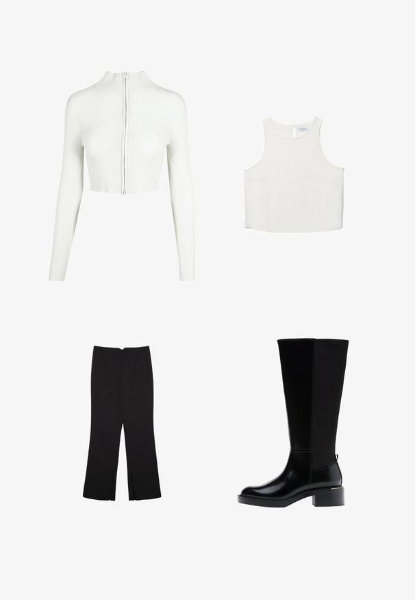 Weißes, geripftes Strick-Crop-Top mit langen Ärmeln und hohem Kragen. Verfügt über einen Reißverschluss auf der Vorderseite und eine glatte Textur.; Weißes ärmelloses Oberteil mit rundem Halsausschnitt, das über eine subtile Textur, ein Schlüsselaugen-Rückendetail und einen geraden Saum verfügt.; Schwarze Hose mit geradem Schnitt, ausgestattet mit Fronttaschen und Seitenschlitzen am Saum. Hergestellt aus weichem, glattem Stoff. Geeignet für verschiedene Anlässe.; Schwarzer kniehoher Stiefel aus glattem Leder, mit markanten Nähten, klobigem Absatz und einer strukturierten Rückseite für zusätzlichen Akzent.