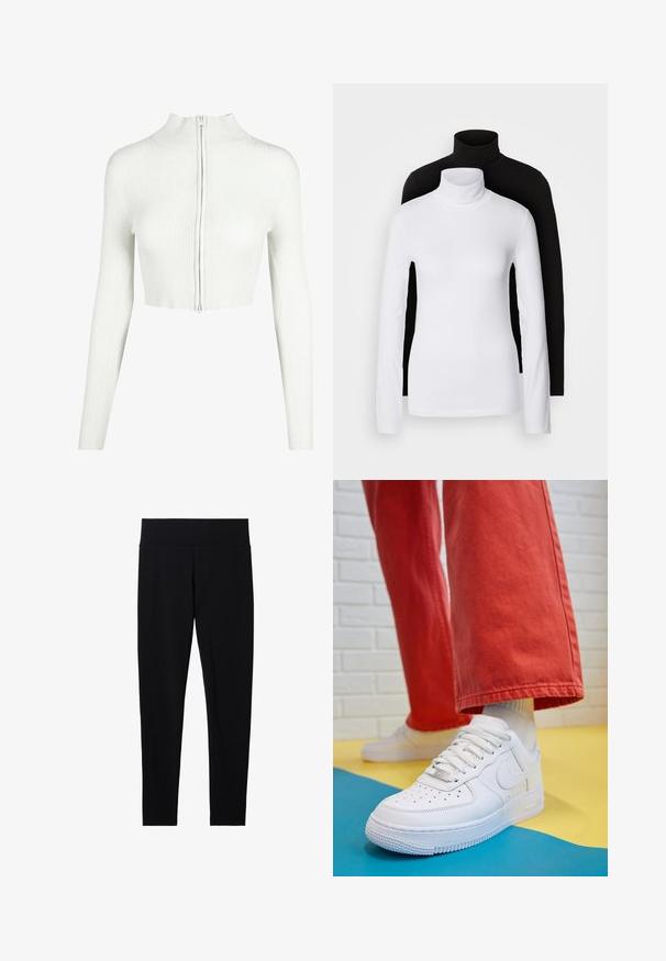Hvid ribbet strik crop top med lange ærmer og høj krave. Har en frontlynlås og en glat tekstur.; To sæt langærmede turtleneck toppe, en hvid og en sort, lavet af et glat, strækbart stof, begge med slim-fit design og høje kraver.; Sorte strækbare leggings med en bred, blød talje, der har en glat overflade og en tætsiddende silhuet, velegnet til forskellige aktiviteter.; Hvide lædersneakers med perforeret tå-kasse, tekstureret sål og hvide snørebånd, parret med brede røde bukser og en blå-gul baggrund.