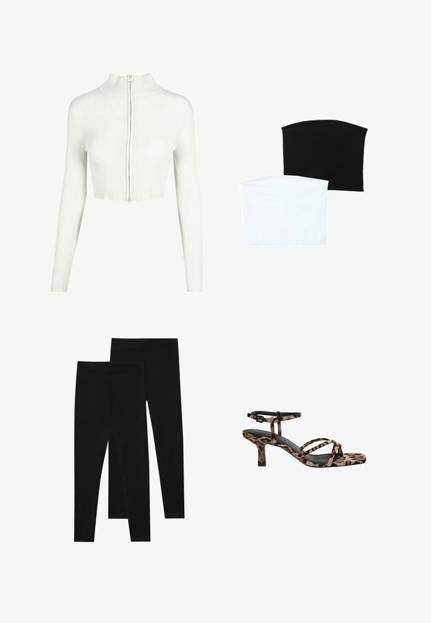 Witte geribde gebreide crop top met lange mouwen en hoge kraag. Voorzien van een rits aan de voorkant en een gladde textuur.; Twee naadloze buis sjaals: een zwarte en een witte. Beide zijn gemaakt van een zachte, rekbare stof en hebben een gladde textuur zonder patronen.; Zwarte leggings van rekbaar materiaal, met een naadloze tailleband en een slank ontwerp, geschikt voor casual wear of lichaamsbeweging.; Luipaardprint hakken met een vierkante neus, meerdere bandjes en een middelhoge hak. Gemaakt van zacht textielmateriaal.
