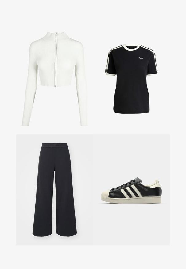 Bílý žebrovaný pletený crop top s dlouhými rukávy a vysokým límcem. Má přední zip a hladkou texturu.; Černé bavlněné tričko s bílými akcenty na límci a rukávech, které má tři bílé pruhy na každém rameni a malé logo na hrudi.; Černé široké tepláky vyrobené z měkké tkaniny, s elastickým pasem a malým logem na levé straně.; Černé kožené sneakers s bílými pruhy, gumovou špičkou, černými tkaničkami a krémovou podešví. Hladký povrch s lesklým finišem.