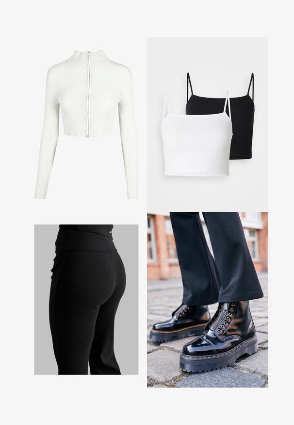 Balts ribots adījuma īsais tops ar garām piedurknēm un augstu apkakli. Aprīkots ar priekšējo rāvējslēdzēja aizdari un gludu tekstūru.; Divi riboti topi baltā un melnā krāsā, ar plānām regulējamām siksniņām un īsu dizainu. Mīksta auduma ar gludu tekstūru.; Melni ribētu legingi ar augstu jostasvietu, pieguļošu formu un gludu tekstūru. Iekļauti smalki detaļas pie jostasvietas.; Melni laku ādas potītes zābaki ar biezām gumijas zolēm, sānu rāvējslēdzēju, zelta acu piederumiem un kontrastējošu dzeltenu izšuvumu.