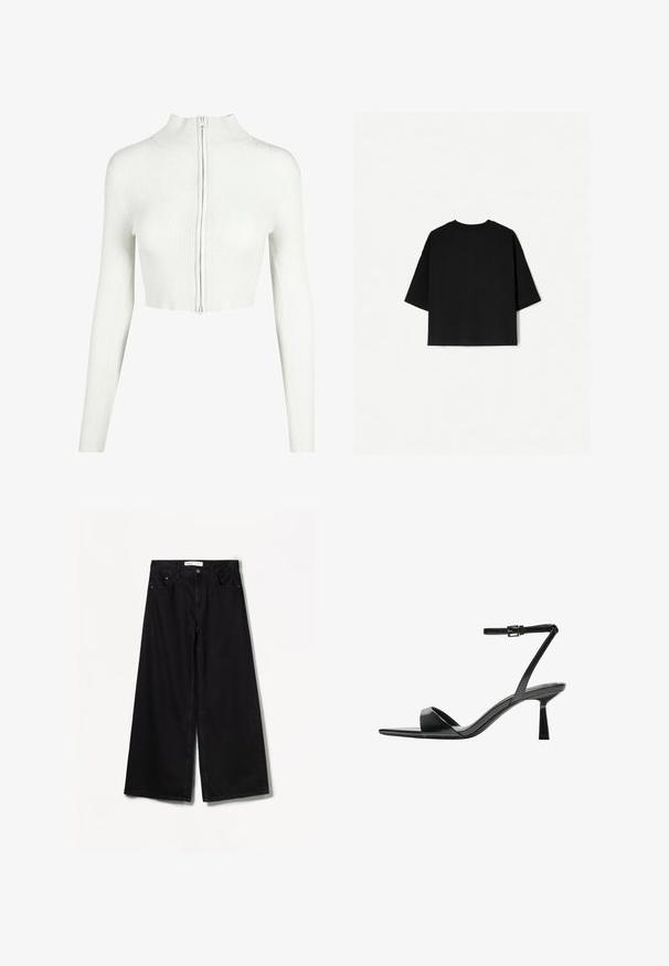 Biely rebrovaný úzky crop top s dlhými rukávmi a vysokým golierom. Obsahuje predný zips a hladkú textúru.; Čierne nadrozmerné tričko s krátkymi rukávmi, okrúhlym výstrihom a rovnými okrajmi. Vyrobené z jemnej bavlny s hladkým povrchom. Pohľad zozadu.; Bershka WIDE-LEG - Široké nohavice - black; Bershka Sandále na vysokom opätku - black