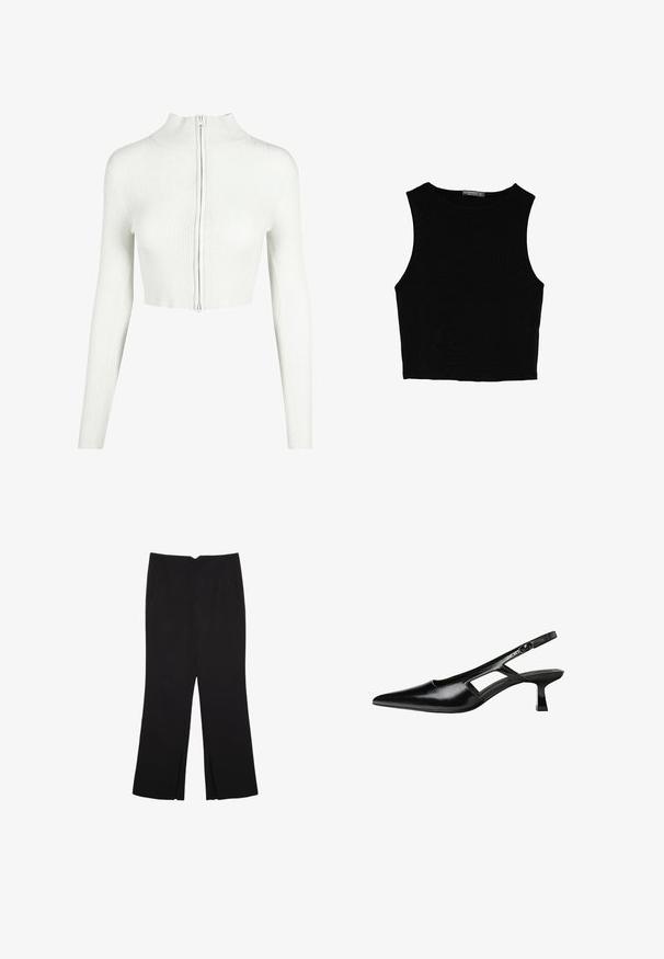 Weißes, geripftes Strick-Crop-Top mit langen Ärmeln und hohem Kragen. Verfügt über einen Reißverschluss auf der Vorderseite und eine glatte Textur.; Schwarzes ärmelloses Crop-Top aus glattem Stoff, mit rundem Ausschnitt und einem klaren, schlichten Design ohne Muster oder Beschläge.; Schwarze Hose mit geradem Schnitt, ausgestattet mit Fronttaschen und Seitenschlitzen am Saum. Hergestellt aus weichem, glattem Stoff. Geeignet für verschiedene Anlässe.; Schwarze Lackleder-Slingback-High Heels mit spitzer Zehenform, ausgeschnittenem Seitendesign und kleinem Blockabsatz. Glatte Textur mit minimalen Akzenten.