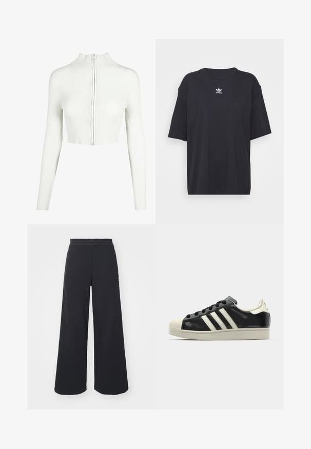 Top corto de punto blanco con canalé, de mangas largas y cuello alto. Cuenta con un cierre frontal de cremallera y una textura suave.; Camiseta de algodón negra con mangas cortas, cuello redondo, presenta un logo blanco de Adidas en el pecho. Diseño simple, ajuste relajado.; Pantalones de chándal negros de pierna ancha, hechos de una tela suave, con una cintura elástica y un pequeño logo en el lado izquierdo.; Zapatilla de cuero negro con rayas blancas, puntera de goma, cordones negros y suela color crema. Textura suave con acabado brillante.