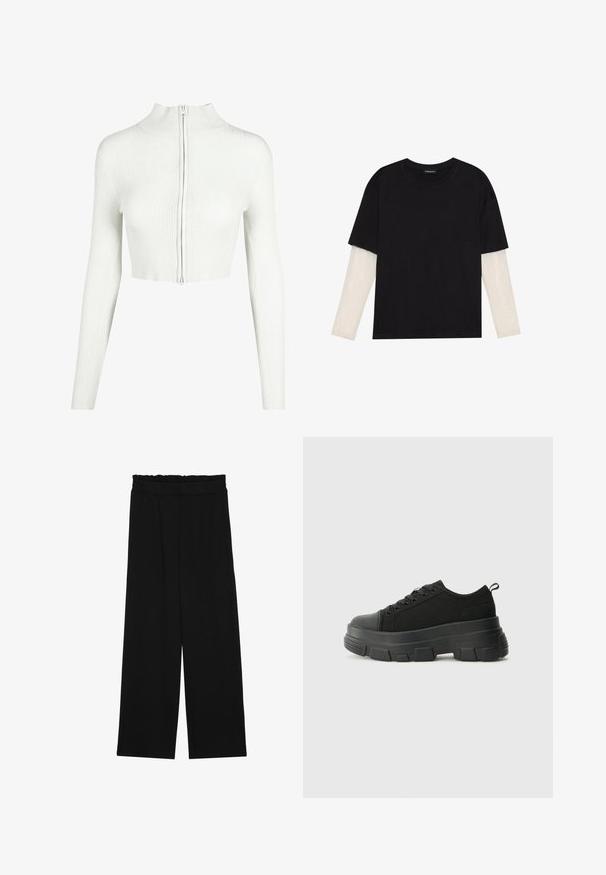 Weißes, geripftes Strick-Crop-Top mit langen Ärmeln und hohem Kragen. Verfügt über einen Reißverschluss auf der Vorderseite und eine glatte Textur.; Schwarzes T-Shirt aus Baumwolle mit kurzen Ärmeln über einer weißen Langarmschicht, die ein dezentes strukturiertes Muster aufweist. Rundhalsausschnitt.; Schwarze weit geschnittene Hose mit einem gerüschten Bund, ausgestattet mit zwei Seitentaschen und einem glatten, leichten Stoff. Keine sichtbaren Muster oder Beschläge.; Schwarze Sneakers mit einer dicken Gummisohle, strukturiertem Obermaterial, runder Zehenpartie und Schnürdesign. Verfügt über verstärkte Ösen und eine Schlaufe an der Rückseite.