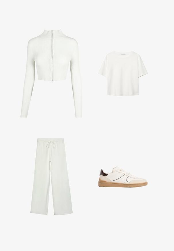 Biały, prążkowany, dzianinowy crop top z długimi rękawami i wysokim kołnierzem. Posiada zamek błyskawiczny z przodu i gładką fakturę.; Biała koszulka z krótkim rękawem, wykonana z bawełny. Posiada okrągły dekolt i luźny krój. Gładka faktura bez widocznych wzorów czy akcentów.; Białe spodnie o szerokich nogawkach wykonane z miękkiego materiału. Posiadają elastyczny pas ze sznurkiem i gładką teksturę. Brak widocznych wzorów lub elementów metalowych.; Stradivarius - Sneakersy niskie