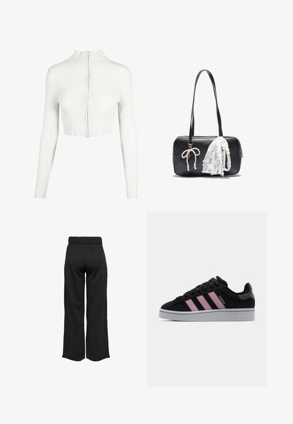 Hvid ribbet strik crop top med lange ærmer og høj krave. Har en frontlynlås og en glat tekstur.; Hvid ribbet tanktop med rund halsudskæring, ærmeløs design og cropped længde. Etiketten står der "JJXX." Glat stoftekstur.; Sorte, vide bukser med elastisk talje, lavet af glat stof. Har et enkelt design uden lommer eller synlige sømdetaljer.; Sort ruskinds sneakers med lyserødt tre-stribe design, grå gummisål og struktureret tunge. Har branding på siden og hælen.; Even&Odd Håndtasker - black