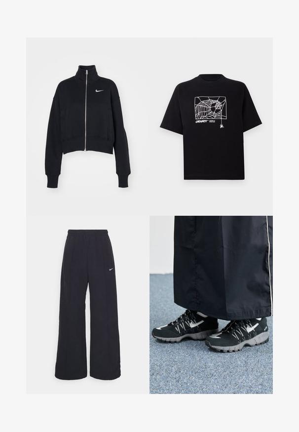 Nike Sportswear Camisola com fecho - black/sail; T-shirt preta feita de algodão com mangas curtas. Apresenta uma gravação de teia de aranha branca e um logótipo na parte da frente. Possui um decote simples em forma redonda.; Calças largas pretas com um cós elástico e um pequeno logótipo branco da Nike. O tecido tem uma textura suave, projetado para conforto e uso casual.; Tênis atléticos pretos com um cabedal texturizado, detalhes prateados e um solado estampado, combinados com uma peça longa preta. Ambientado sobre um tapete azul.
