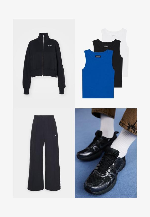 Nike Sportswear Mikina na zip - black/sail; Tři bezramínkové trička v modré, černé a bílé barvě. Materiál je ribovaný s kulatým výstřihem. Každé tričko má štítek s nápisem „even&odd.“; Černé kalhoty s širokými nohavicemi, elastickým pasem a malým bílým logem Nike. Tkanina má hladkou strukturu, navrženou pro pohodlí a každodenní nošení.; Černé tenisky Nike z síťovaného a syntetického materiálu s texturovaným svrškem, černými tkaničkami a odolnými gumovými podrážkami. Viditelné jsou bílé žebrované ponožky.