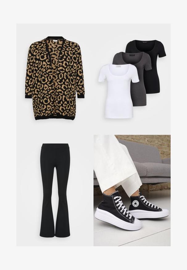 Lepardtrykt cardigan i svart og tan, oversized passform, åpen front, trekvartlange ermer, myk strikket tekstur, ribbede mansjetter og kant.; Tre figurerte T-skjorter i hvit, grå og svart. Hver har en bred scoop-nakke og korte ermer. Laget av glatt, elastisk stoff.; Svarte flared bukser laget av elastisk stoff, med høy midje og en glatt tekstur. Buksene vidder ut fra kneet.; Svarte høye sneakers med hvite gummisåler og lisser. Har et rundt logo-merke og kontrasterende hvite sømmer. Laget av lerret.