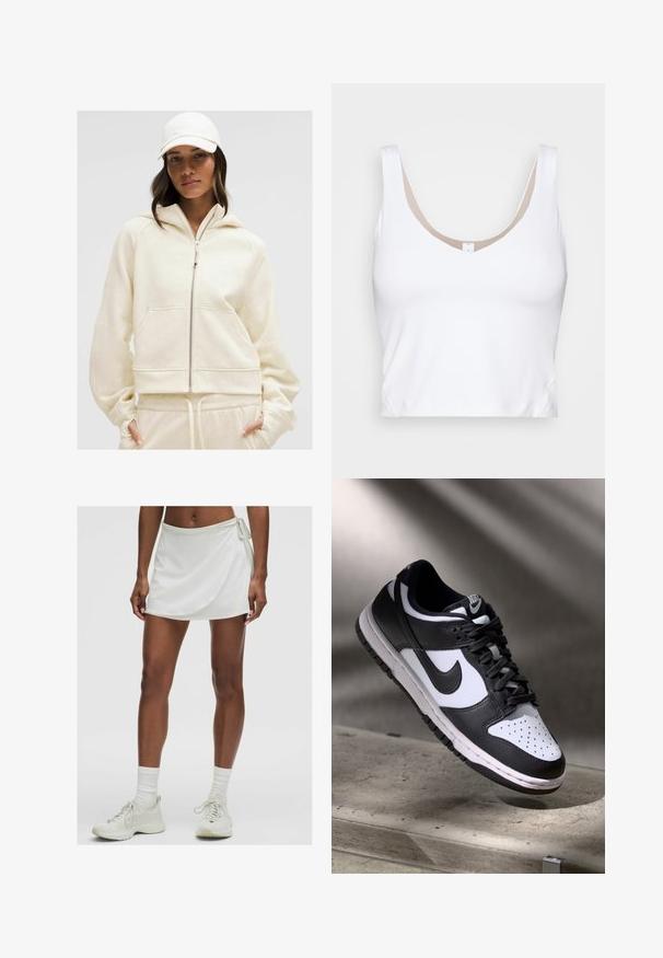 Kremowy hoodie na zamek z kapturem, ściągaczami u rękawów i kieszeniami z przodu; miękka faktura i luźny krój doskonale współgrają z pasującymi spodniami dresowymi.; Biała krótka bluzka z okrągłym dekoltem i szerokimi ramiączkami. Wykonana z gładkiego, elastycznego materiału z beżowym wykończeniem przy dekolcie.; Biała sportowa spódnica z zakładką, wykonana z gładkiego materiału. Posiada wiązanie z boku i jest zestawiona z jasnymi sneakerami i skarpetkami.; Czarno-białe sneakersy Nike Dunk Low z cholewką skórzaną, perforowanym noskiem i czarnymi sznurowadłami, z białą podeszwą i akcentami logo.