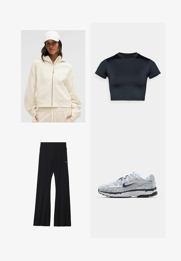 Kreminės spalvos užtrauktukas su kapišonu, raukšlėtomis rankovėmis ir priekinėmis kišenėmis; minkštas paviršius ir laisva forma puikiai derinasi su atitinkamomis sportinėmis kelnėmis.; Tamsiai mėlynas trumpomis rankovėmis crop topas, pagamintas iš lygaus, tamprios medžiagos. Suapvalinta iškirptė ir minimalūs siuvimo detalės. Logotipų nėra.; Juodos, plisėtos kelnės iš tamprios medžiagos, su plačiu liemens diržu ir mažu logotipu klubo srityje. Lygus tekstūros paviršius ir visiško ilgio dizainas.; Nike P-6000 sportbačiai su šviesiai pilku tinkleliu, juodais akcentais ir patvariu juodu guminėm padais. Yra sudėtingas dizainas ir raištelių sistema.